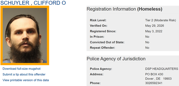 Screenshot of Homeless Sex Offender Registry Profile for Clifford Schuyler