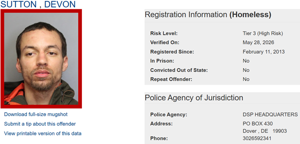 Screenshot of Homeless Sex Offender Registry Profile for Devon Sutton