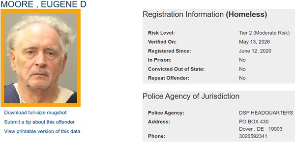 Screenshot of Homeless Sex Offender Registry Profile for Eugene Moore