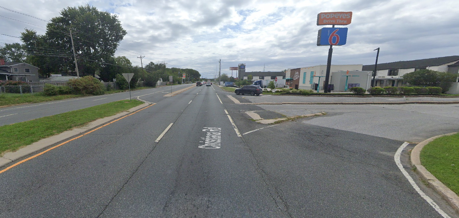 Screenshot from Google Streetview of Christiana Road at the entrance to McIntosh Plaza