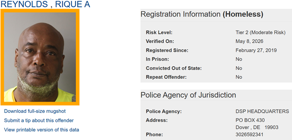 Screenshot of Homeless Sex Offender Registry Profile for Rique Reynolds