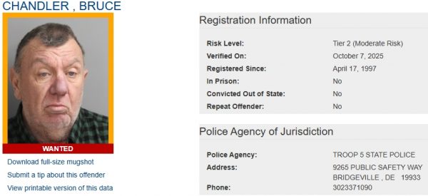 Screenshot of Wanted Sex Offender Registry Profile for Bruce Chandler
