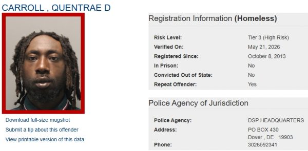 Screenshot of Homeless Sex Offender Registry Profile for Quentrae Carroll