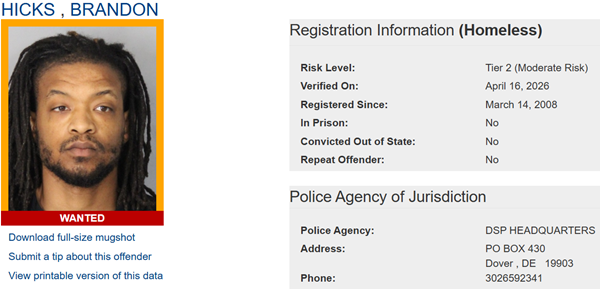 Screenshot of Brandon Hicks' sex offender registry profile
