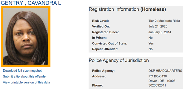 Screenshot of Homeless Sex Offender Registry Profile for Cavandra Gentry