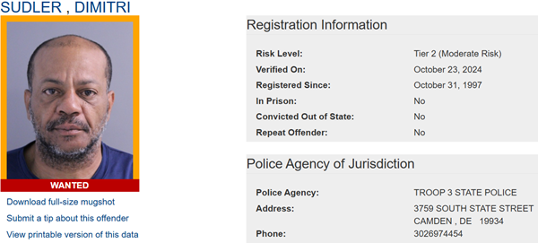 Screenshot of Dimitri Sudler's Sex Offender Registry Information. Link