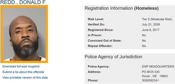 Screenshot of Homeless Sex Offender Registry Profile for Donald Redd