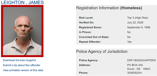 Screenshot of Homeless Sex Offender Registry Profile for James Leighton