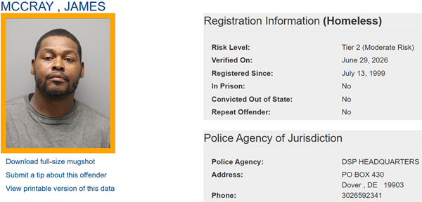 Screenshot of James McCray's Sex Offender Registry profile. Link