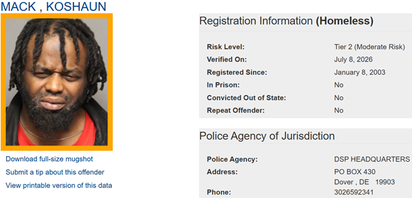 Screenshot of Koshaun Mack's sex offender registry profile.