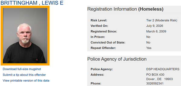 Screenshot of Lewis Brittingham's sex offender profile