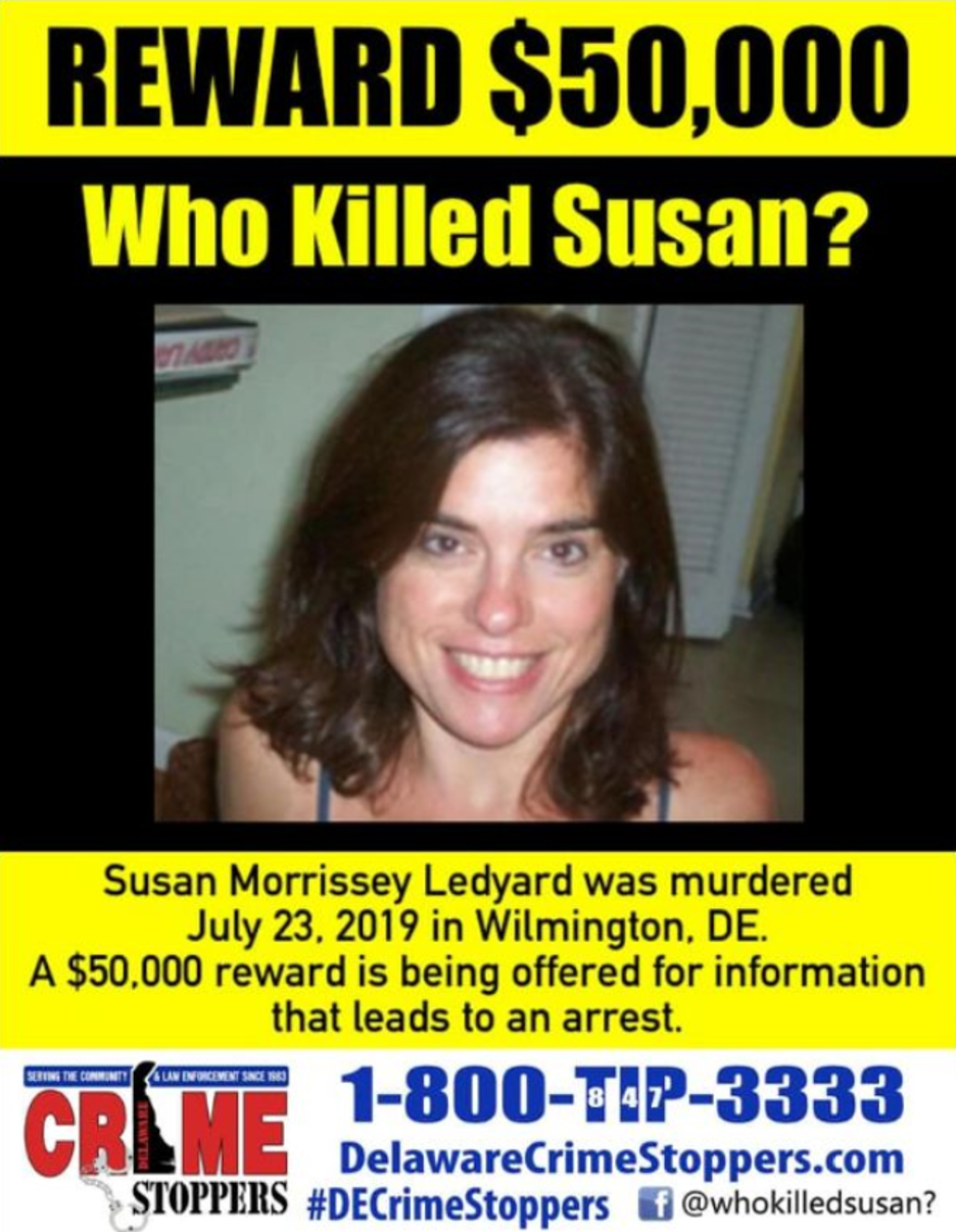 Reward flier requesting information leading to an arrest for the murder of Susan Ledyard