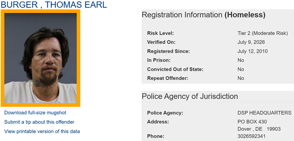 Screenshot of Thomas Burger's sex offender registry profile