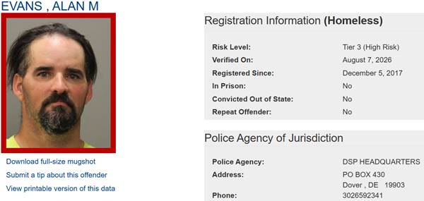 Screenshot of Sex Offender Profile for Alan Evans