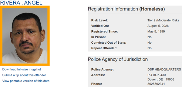 Screenshot of Sex Offender Profile for Angel Rivera