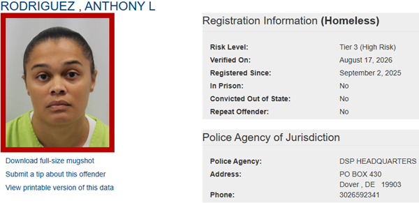 Screenshot of Homeless Sex Offender Registry Profile for Anthony Rodriguez