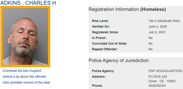 Screenshot of Homeless Sex Offender Registry Profile for Charles Adkins