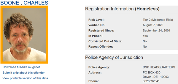 Screenshot of Charles Boone's Sex Offender Profile.