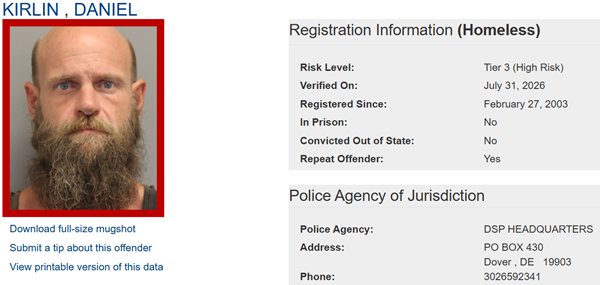 Screenshot of Sex Offender Profile for Daniel Kirlin