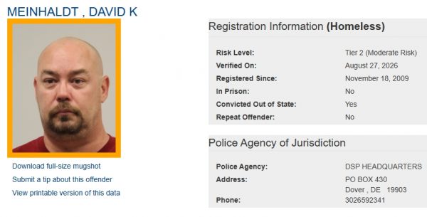 Screen shot of David Meinhaldt Sex Offender Status - Homeless