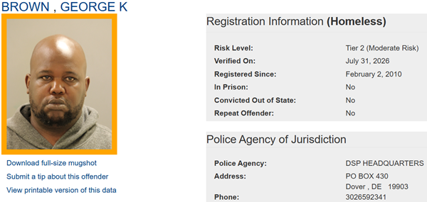 Screenshot of Sex Offender Profile for George Brown