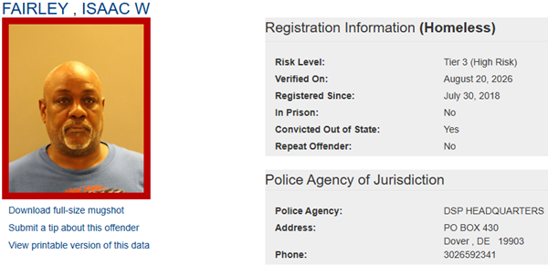 Screenshot of Homeless Sex Offender Registry Profile for Isaac Fairley