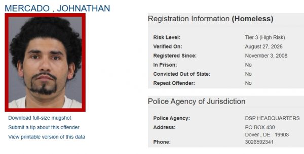 Screen shot of Johnathan Mercado Sex Offender Status - Homeless