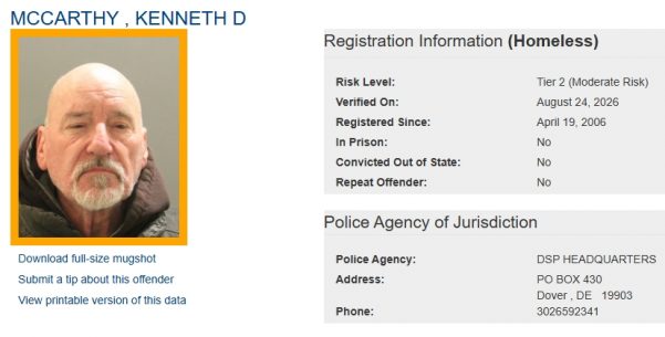 Screen shot of Kenneth McCarthy Sex Offender Status - Homeless