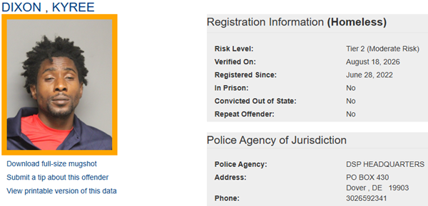 Screenshot of Homeless Sex Offender Registry Profile for Kyree Dixon