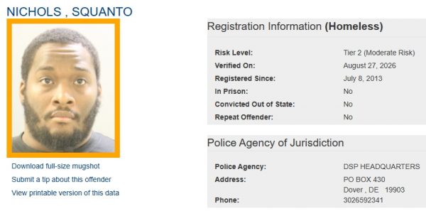Screen shot of Squanto Nichols Sex Offender Status - Homeless