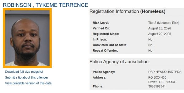 Screen shot of Tykeme Robinson Sex Offender Status - Homeless