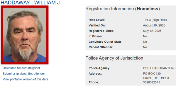 Screenshot of Homeless Sex Offender Registry Profile for William Haddaway