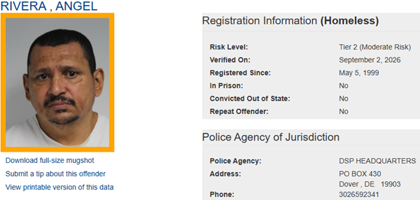 Screenshot of Sex Offender Profile for Angel Rivera