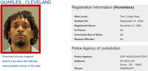 Screenshot of Cleveland Quarles's Sex Offender registry profile