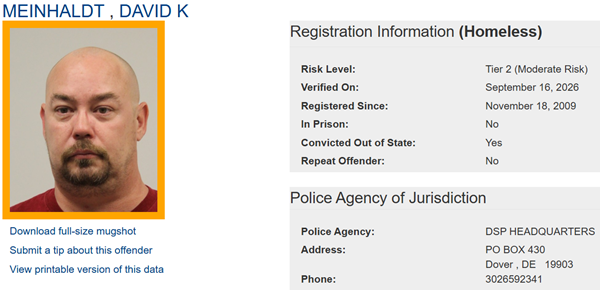 Screenshot of David Meinhaldt's Sex Offender registry profile