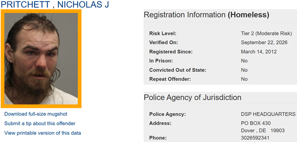 Screenshot of Nicholas Pritchett's Sex Offender registry profile