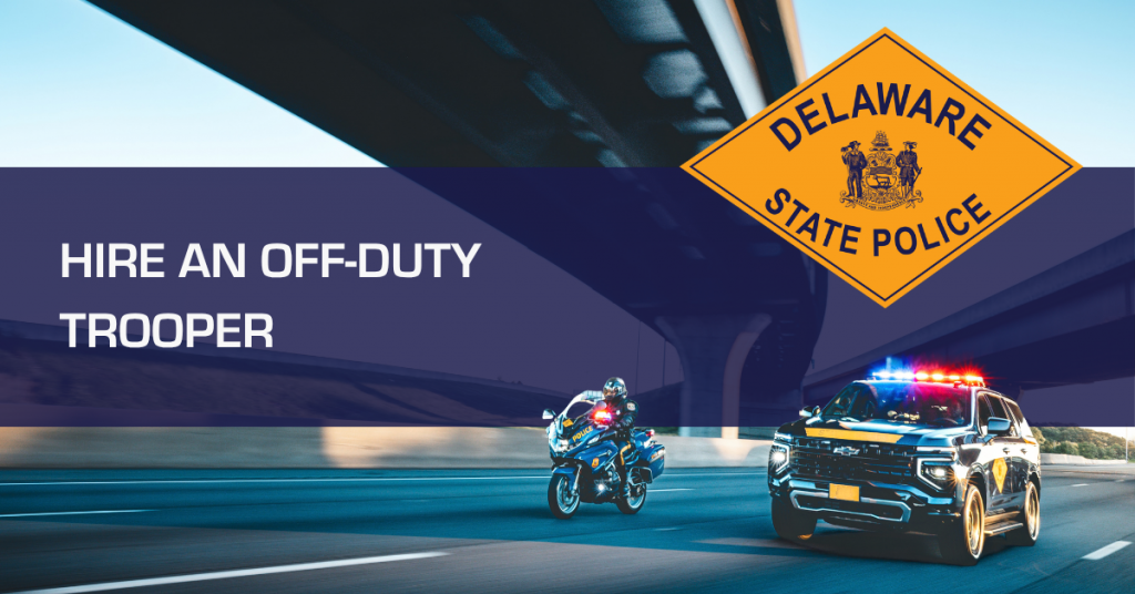 DSP Patrol vehicle and motorcycle with "Hire An Off-Duty Trooper" text overlay