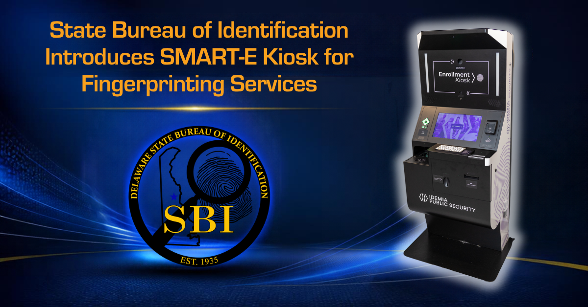 SMART-E Kiosk with text "State Bureau of Identification Introduces Smart-E Kiosk for Fingerprinting Services"