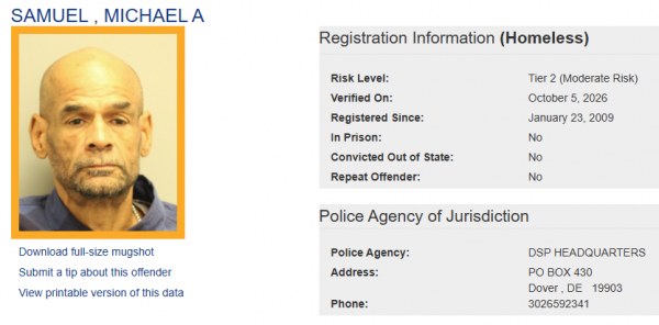 Michael Samuel - Sex Offender Status - Homeless