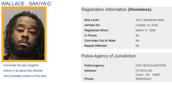 Screenshot of Sakiya Wallace Sex Offender Status - Homeless