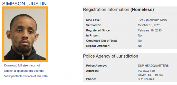 Screenshot of Justin Simpson Sex Offender Status - Homeless