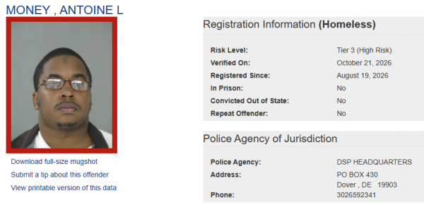 Screenshot of Antoine Money sex offender status - homeless