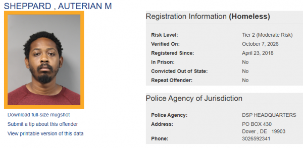 Auterian Sheppard - Sex Offender Status - Homeless