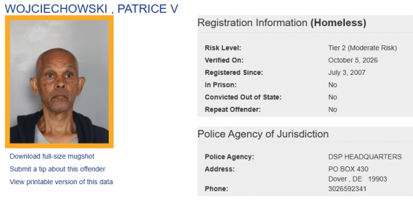 Patrice Wojciechowski - Sex Offender Status - Homeless
